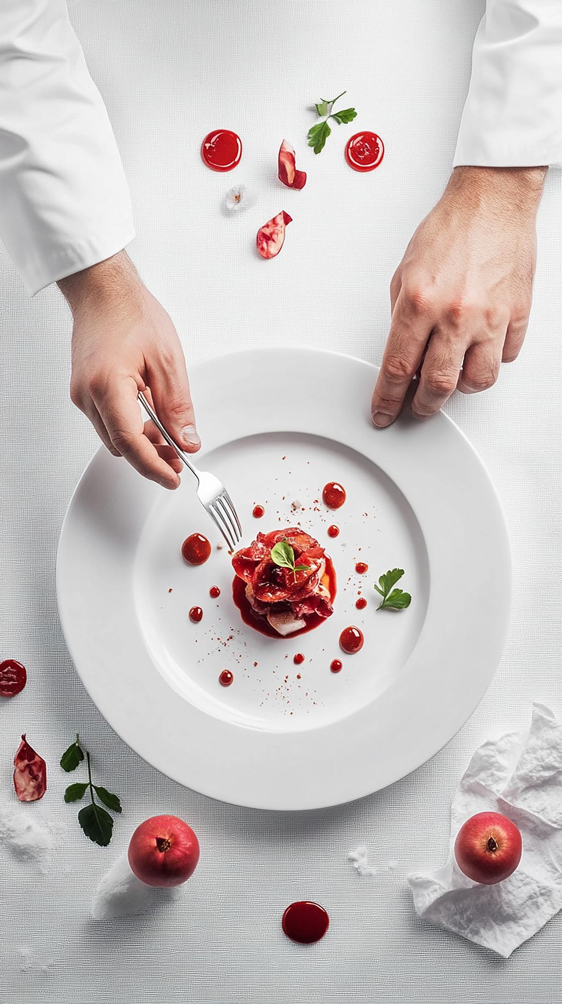 Chef che prepara una composizione in cucina moderna